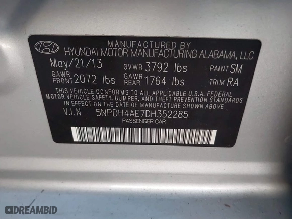 2013 Hyundai Elantra Limited PZEV with VIN 5NPDH4AE7DH352285, listed as a IAAI auction lot 41800551 with 120,171 mi miles. Bid and sale history available at carsss.com. Image 9.