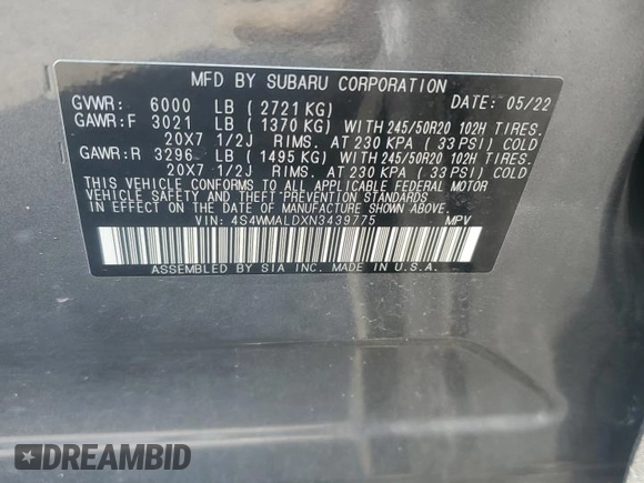 2022 Subaru Ascent Limited with VIN 4S4WMALDXN3439775, listed as a Copart auction lot 61900265 with 49,842 mi miles and Salvage title. Bid and sale history available at DreamBid. Image 14.