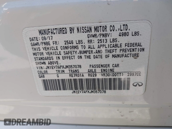 2018 Infiniti Q50 Luxe with VIN JN1EV7APXJM357078, listed as a IAAI auction lot 42316830 with 48,071 mi miles and . Bid and sale history available at DreamBid. Image 9.
