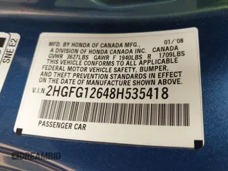 2008 Honda Civic Cpe LX with VIN 2HGFG12648H535418, listed as a IAAI auction lot 42040685 with 196,183 mi miles. Bid and sale history available at carsss.com. Image 9.