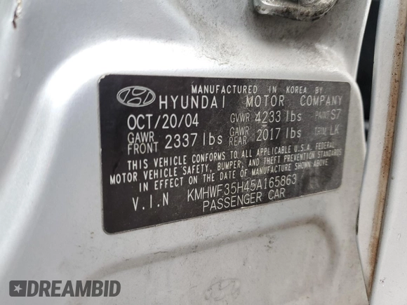 2005 Hyundai Sonata GLS with VIN KMHWF35H45A165863, listed as a Copart auction lot 82361594 with 75,162 mi miles and Salvage Title. Bid and sale history available at carsss.com. Image 12.