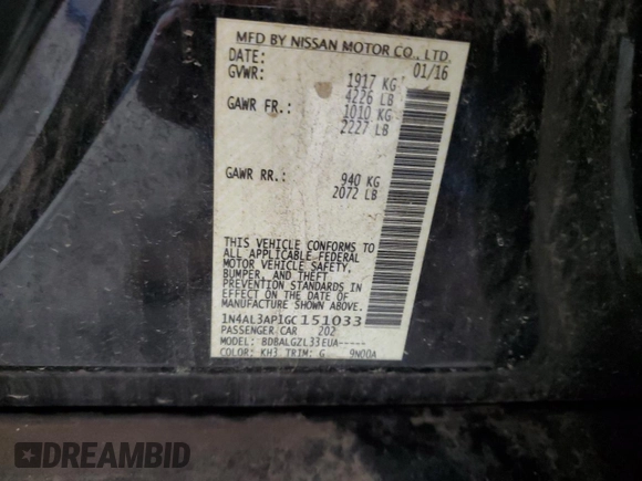 2016 Nissan Altima SR with VIN 1N4AL3AP1GC151033, listed as a Copart auction lot 52972005 with 158,106 mi miles and Salvage title. Bid and sale history available at DreamBid. Image 13.