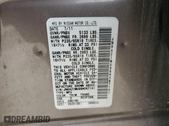 2011 Nissan Murano S with VIN JN8AZ1MU9BW067181, listed as a Copart auction lot 80911904 with 158,072 mi miles and Salvage Title. Bid and sale history available at carsss.com. Image 15.