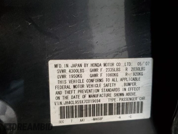 2007 Acura TSX w/Navigation with VIN JH4CL959X7C019694, listed as a Copart auction lot 83245584 with 199,386 mi miles and Salvage title. Bid and sale history available at DreamBid. Image 12.