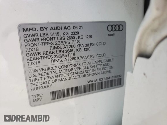 2021 Audi Q3 Premium with VIN WA1AUCF34M1155432, listed as a Copart auction lot 61790315 with 27,746 mi miles and Non repairable. Bid and sale history available at DreamBid. Image 13.