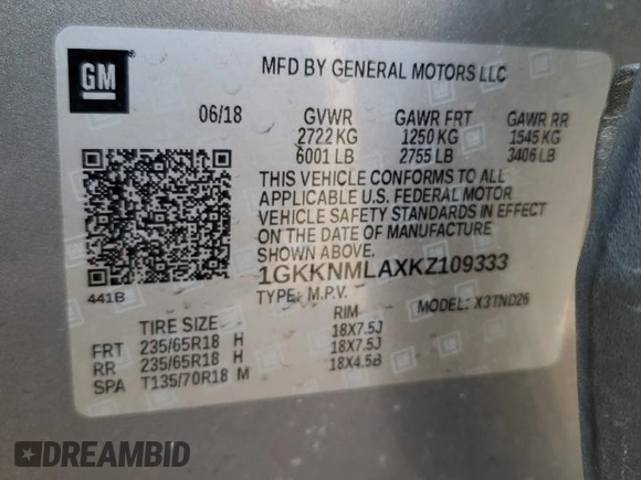2019 GMC Acadia SLT with VIN 1GKKNMLAXKZ109333, listed as a Copart auction lot 43548255 with 108,457 mi miles and Salvage Title. Bid and sale history available at carsss.com. Image 15.