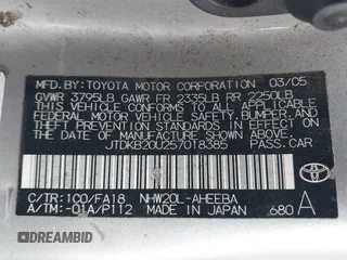 2005 Toyota Prius with VIN JTDKB20U257018385, listed as a IAAI auction lot 42085957 with 161,060 mi miles. Bid and sale history available at carsss.com. Image 9.