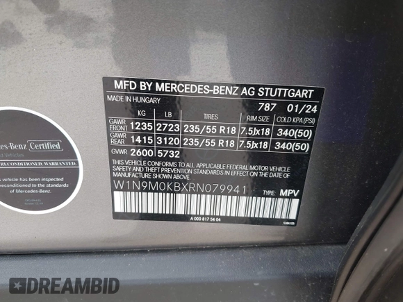 2024 Mercedes-Benz EQB 300 z VIN W1N9M0KBXRN079941, wystawiony jako IAAI lot #42261930 z przebiegiem 6 611 mil mil oraz . Historia ofert i sprzedaży dostępna na DreamBid. Obrazek 9.