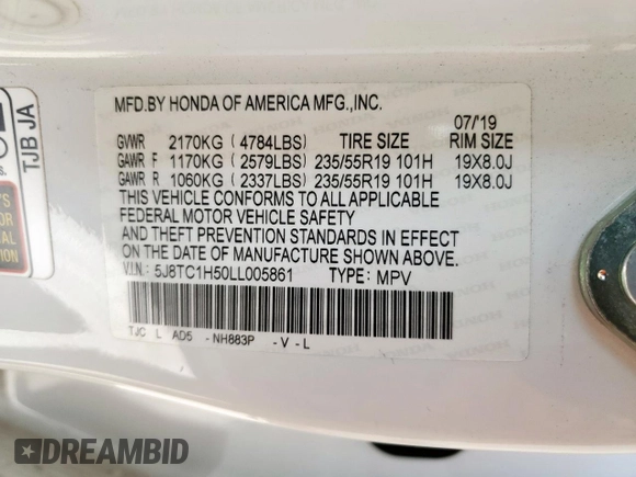 2020 Acura RDX Technology with VIN 5J8TC1H50LL005861, listed as a Copart auction lot 60328165 with 68,602 mi miles and Salvage title. Bid and sale history available at DreamBid. Image 13.