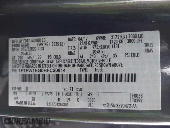 2017 Ford F-150 XL with VIN 1FTEW1EG0HFC20814, listed as a IAAI auction lot 41140772 with 74,651 mi miles. Bid and sale history available at carsss.com. Image 9.
