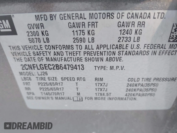 2011 Chevrolet Equinox LTZ with VIN 2CNFLGEC2B6479413, listed as a IAAI auction lot 40483418 with 166,901 mi miles. Bid and sale history available at carsss.com. Image 9.