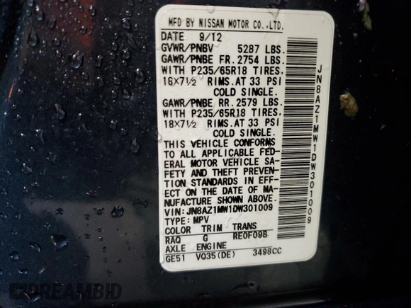 2013 Nissan Murano SV with VIN JN8AZ1MW1DW301009, listed as a Copart auction lot 67237214 with 77,802 mi miles and Salvage Title. Bid and sale history available at carsss.com. Image 13.