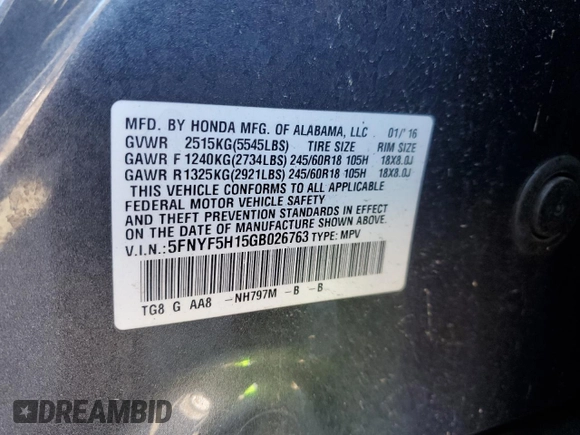 2016 Honda Pilot LX with VIN 5FNYF5H15GB026763, listed as a Copart auction lot 46741935 with 158,342 mi miles and Salvage Title. Bid and sale history available at DreamBid. Image 15.