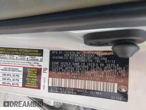2012 Toyota Camry L z VIN 4T4BF1FK2CR191702, wystawiony jako IAAI lot #42258628 z przebiegiem 170 198 mil mil oraz . Historia ofert i sprzedaży dostępna na DreamBid. Obrazek 9.