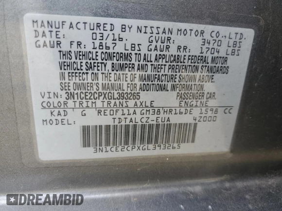 2016 Nissan Note S with VIN 3N1CE2CPXGL393265, listed as a Copart auction lot 51926195 with 142,455 mi miles and Salvage Title. Bid and sale history available at DreamBid. Image 13.