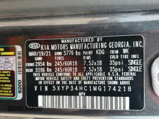 2021 Kia Telluride EX z VIN 5XYP34HC1MG174218, wystawiony jako Copart lot #59498635 z przebiegiem 82 767 mil mil oraz Szkoda całkowita • Salvage title. Historia ofert i sprzedaży dostępna na DreamBid. Obrazek 13.