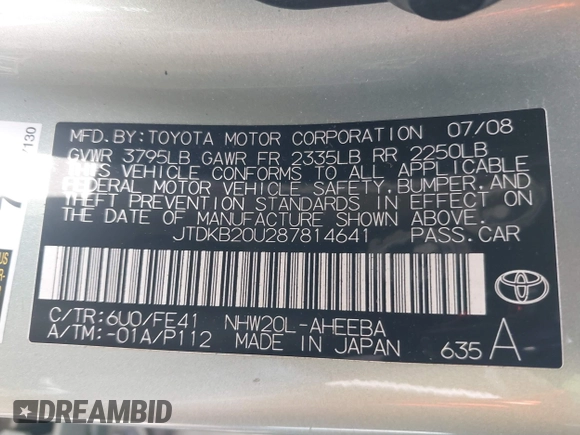 2008 Toyota Prius with VIN JTDKB20U287814641, listed as a IAAI auction lot 42140510 with 80,586 mi miles and . Bid and sale history available at DreamBid. Image 9.