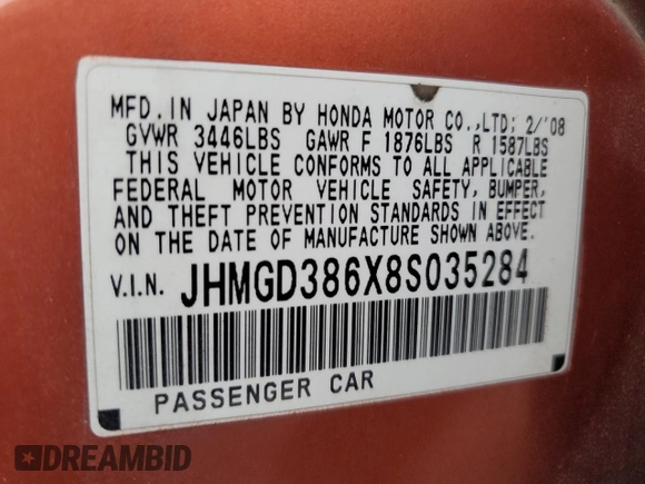 2008 Honda Fit Sport with VIN JHMGD386X8S035284, listed as a Copart auction lot 72399624 with 122,588 mi miles and Salvage Title. Bid and sale history available at carsss.com. Image 12.