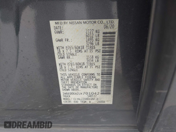 2020 Nissan Frontier SV with VIN 1N6ED0EA2LN701042, listed as a IAAI auction lot 41865224 with 67,910 mi miles and . Bid and sale history available at DreamBid. Image 9.