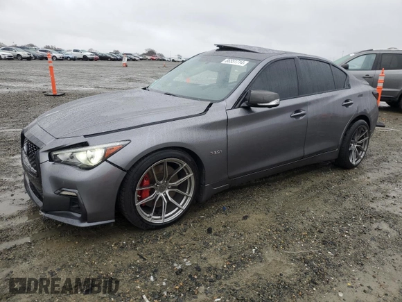 2020 Infiniti Q50 Red Sport 400 with VIN JN1FV7APXLM630723, listed as a Copart auction lot 86551714 with 45,596 mi miles and Salvage Title. Bid and sale history available at carsss.com. Image 1.