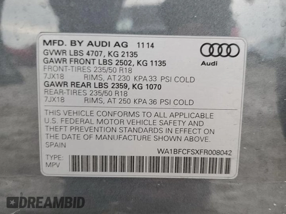2015 Audi Q3 Premium Plus with VIN WA1BFCFSXFR008042, listed as a Copart auction lot 84424814 with 98,811 mi miles and Clean title. Bid and sale history available at DreamBid. Image 15.