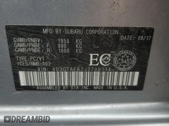 2018 Subaru Impreza with VIN 4S3GTAE67J3709114, listed as a Copart auction lot 72412834 with 49,570 mi miles and Salvage title. Bid and sale history available at DreamBid. Image 12.