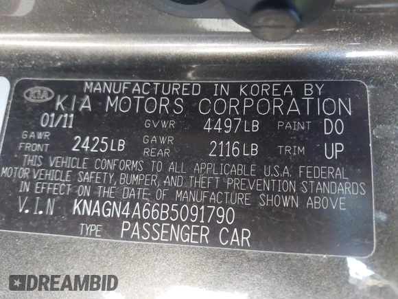 2011 Kia Optima EX with VIN KNAGN4A66B5091790, listed as a IAAI auction lot 42055648 with 208,098 mi miles and . Bid and sale history available at carsss.com. Image 9.