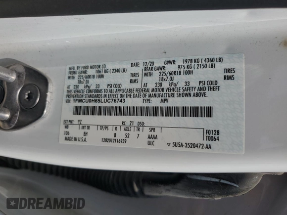 2020 Ford Escape SEL with VIN 1FMCU0H65LUC76743, listed as a Copart auction lot 59478105 with 125,277 mi miles and Salvage title. Bid and sale history available at DreamBid. Image 13.