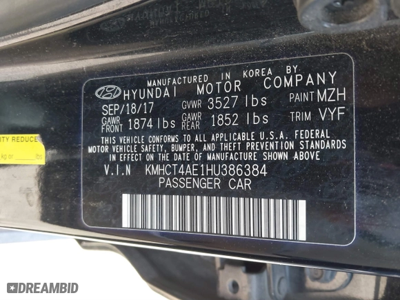 2017 Hyundai Accent SE with VIN KMHCT4AE1HU386384, listed as a IAAI auction lot 41656299 with 121,336 mi miles. Bid and sale history available at carsss.com. Image 9.