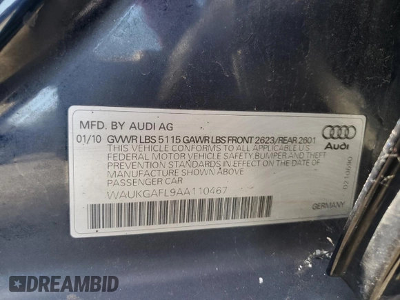2010 Audi S4 Prestige with VIN WAUKGAFL9AA110467, listed as a Copart auction lot 64785434 with 0 mi miles and Salvage Title. Bid and sale history available at carsss.com. Image 12.