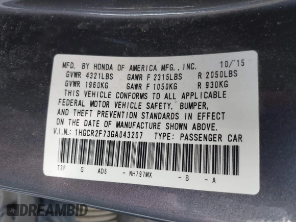 2016 Honda Accord Sedan EX with VIN 1HGCR2F73GA043207, listed as a IAAI auction lot 41877276 with 225,407 mi miles. Bid and sale history available at carsss.com. Image 9.