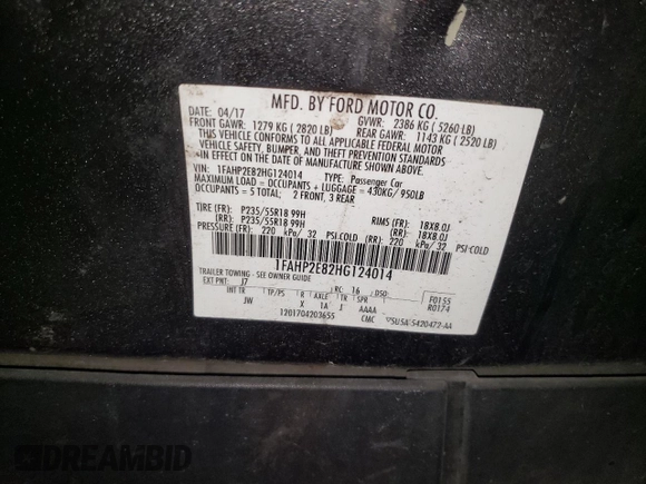 2017 Ford Taurus SEL with VIN 1FAHP2E82HG124014, listed as a Copart auction lot 47630015 with 136,099 mi miles and Salvage Title. Bid and sale history available at DreamBid. Image 12.