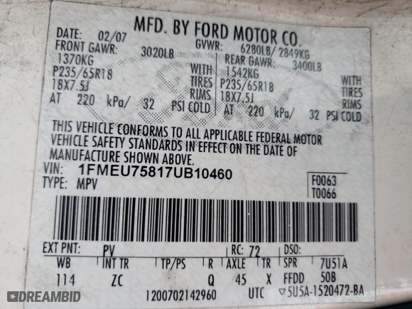 2007 Ford Explorer Limited with VIN 1FMEU75817UB10460, listed as a Copart auction lot 83457624 with 82,031 mi miles and Non Repairable. Bid and sale history available at carsss.com. Image 15.