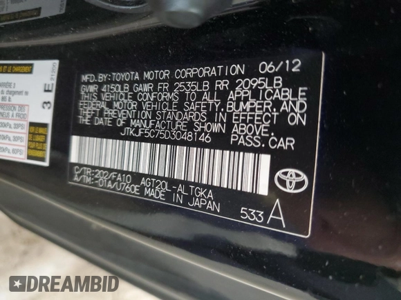 2013 Scion tC with VIN JTKJF5C75D3048146, listed as a Copart auction lot 45373245 with 109,438 mi miles and Salvage Title. Bid and sale history available at carsss.com. Image 12.