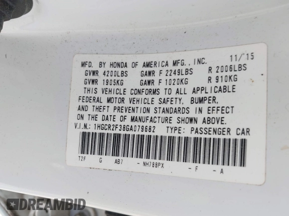 2016 Honda Accord Sedan LX with VIN 1HGCR2F38GA079682, listed as a IAAI auction lot 41883779 with 192,508 mi miles. Bid and sale history available at carsss.com. Image 9.