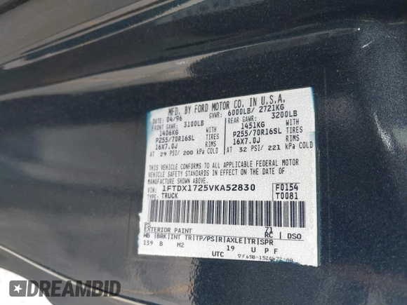 1997 Ford F-150 with VIN 1FTDX1725VKA52830, listed as a IAAI auction lot 41462465 with 169,379 mi miles and . Bid and sale history available at DreamBid. Image 9.