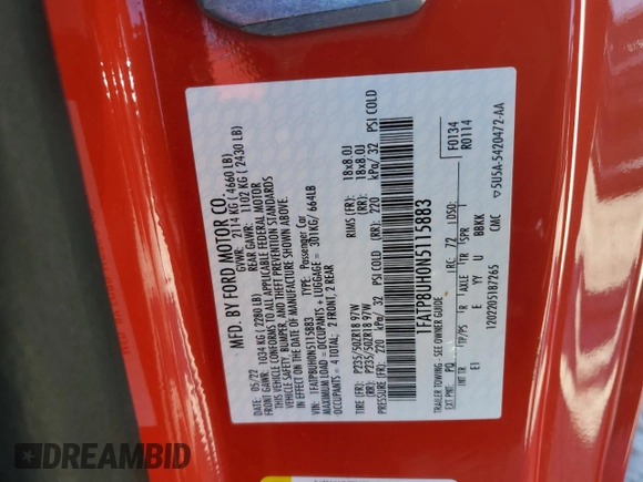 2022 Ford Mustang EcoBoost z VIN 1FATP8UH0N5115883, wystawiony jako Copart lot #49537545 z przebiegiem 57 124 mil mil oraz Szkoda całkowita • Salvage title. Historia ofert i sprzedaży dostępna na DreamBid. Obrazek 15.