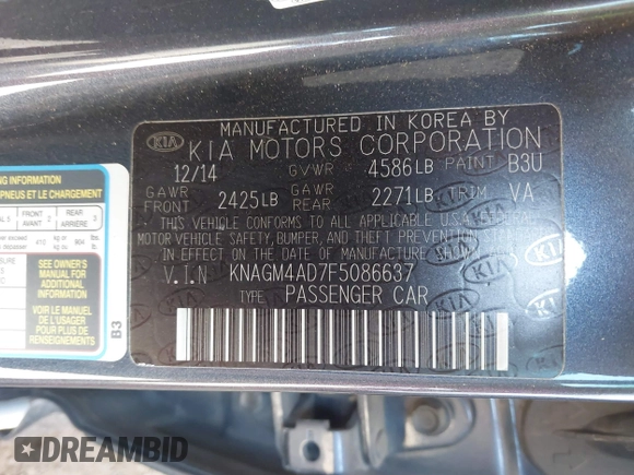 2015 Kia Optima with VIN KNAGM4AD7F5086637, listed as a IAAI auction lot 42112228 with 187,278 mi miles and . Bid and sale history available at DreamBid. Image 9.