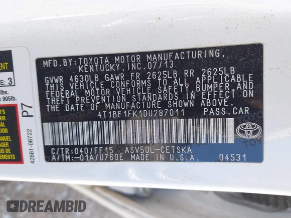 2013 Toyota Camry L with VIN 4T1BF1FK1DU287011, listed as a IAAI auction lot 41864921 with 54,946 mi miles. Bid and sale history available at carsss.com. Image 9.
