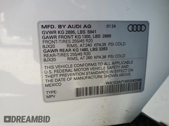 2024 Audi Q5 S line Premium Plus with VIN WA1E2AFY6R2062596, listed as a Copart auction lot 54018255 with Not provided miles and Salvage title. Bid and sale history available at DreamBid. Image 13.