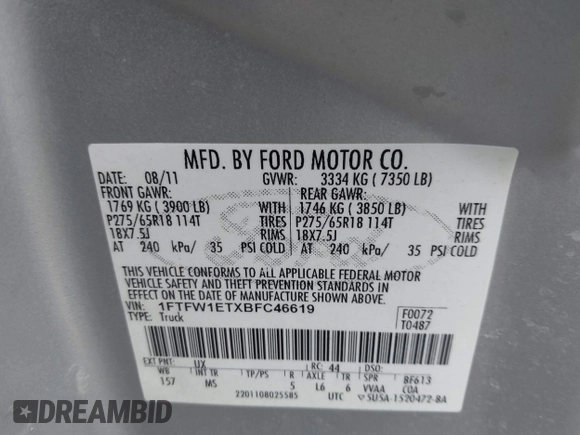 2011 Ford F-150 XLT with VIN 1FTFW1ETXBFC46619, listed as a IAAI auction lot 42509401 with 141,889 mi miles and . Bid and sale history available at DreamBid. Image 9.