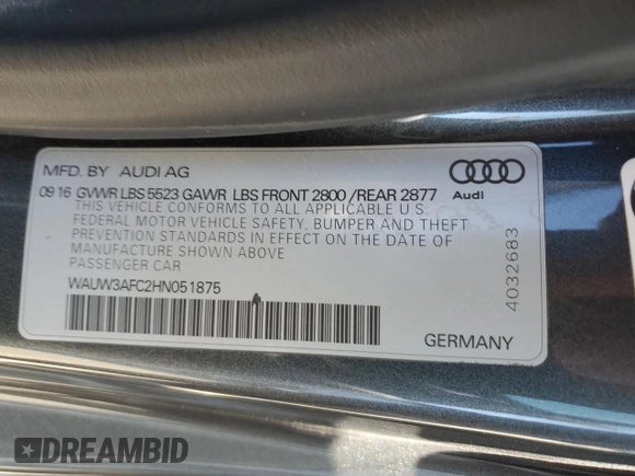 2017 Audi A7 Premium Plus with VIN WAUW3AFC2HN051875, listed as a Copart auction lot 43174955 with 125,521 mi miles and Salvage Title. Bid and sale history available at carsss.com. Image 12.