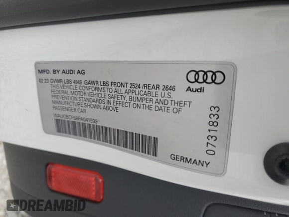 2023 Audi A5 Sportback Premium Plus with VIN WAUCBCF58PA041599, listed as a Copart auction lot 47951465 with 11,982 mi miles and Salvage Title. Bid and sale history available at carsss.com. Image 12.