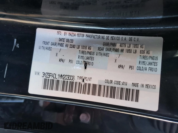 2021 Mazda 3 Premium with VIN 3MZBPADL1MM203008, listed as a Copart auction lot 48887465 with 66,192 mi miles and Salvage title. Bid and sale history available at DreamBid. Image 12.