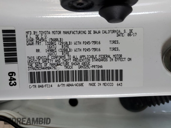 2017 Toyota Tacoma SR5 z VIN 3TMAZ5CN4HM047927, wystawiony jako Copart lot #54748255 z przebiegiem 87 906 mil mil oraz Szkoda całkowita • Salvage title. Historia ofert i sprzedaży dostępna na DreamBid. Obrazek 12.