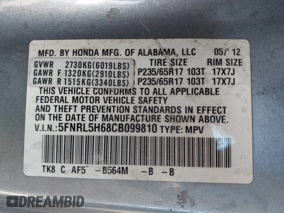 2012 Honda Odyssey EX-L с VIN 5FNRL5H68CB099810, выставлен на аукционе IAAI как лот 42127195 с пробегом 373 830 миль миль и . История ставок и продаж доступна на DreamBid. Изображение 9.