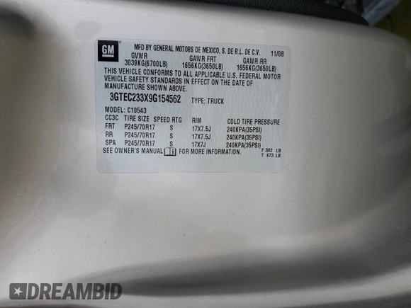 2009 GMC Sierra 1500 with VIN 3GTEC233X9G154562, listed as a Copart auction lot 49343825 with 200,986 mi miles and Salvage Title. Bid and sale history available at DreamBid. Image 13.