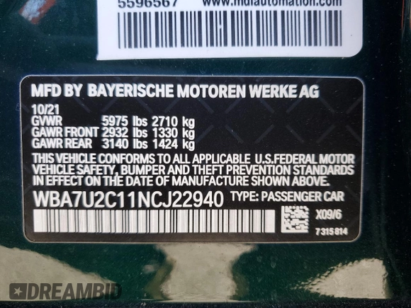 2022 BMW 7 Series with VIN WBA7U2C11NCJ22940, listed as a Copart auction lot 87848125 with 37,023 mi miles and Salvage title. Bid and sale history available at DreamBid. Image 12.