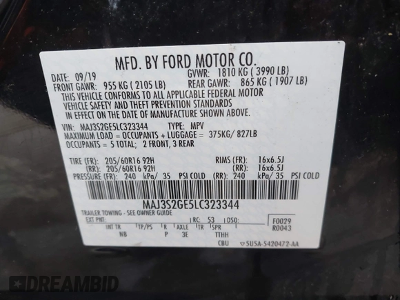 2020 Ford EcoSport SE z VIN MAJ3S2GE5LC323344, wystawiony jako IAAI lot #42071958 z przebiegiem 60 960 mil mil oraz . Historia ofert i sprzedaży dostępna na DreamBid. Obrazek 9.