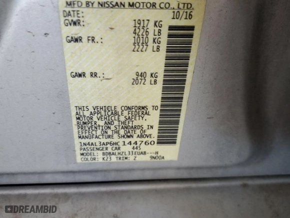 2017 Nissan Altima 2.5 SR with VIN 1N4AL3AP6HC144760, listed as a Copart auction lot 51630315 with 101,032 mi miles and Clean Title. Bid and sale history available at carsss.com. Image 12.